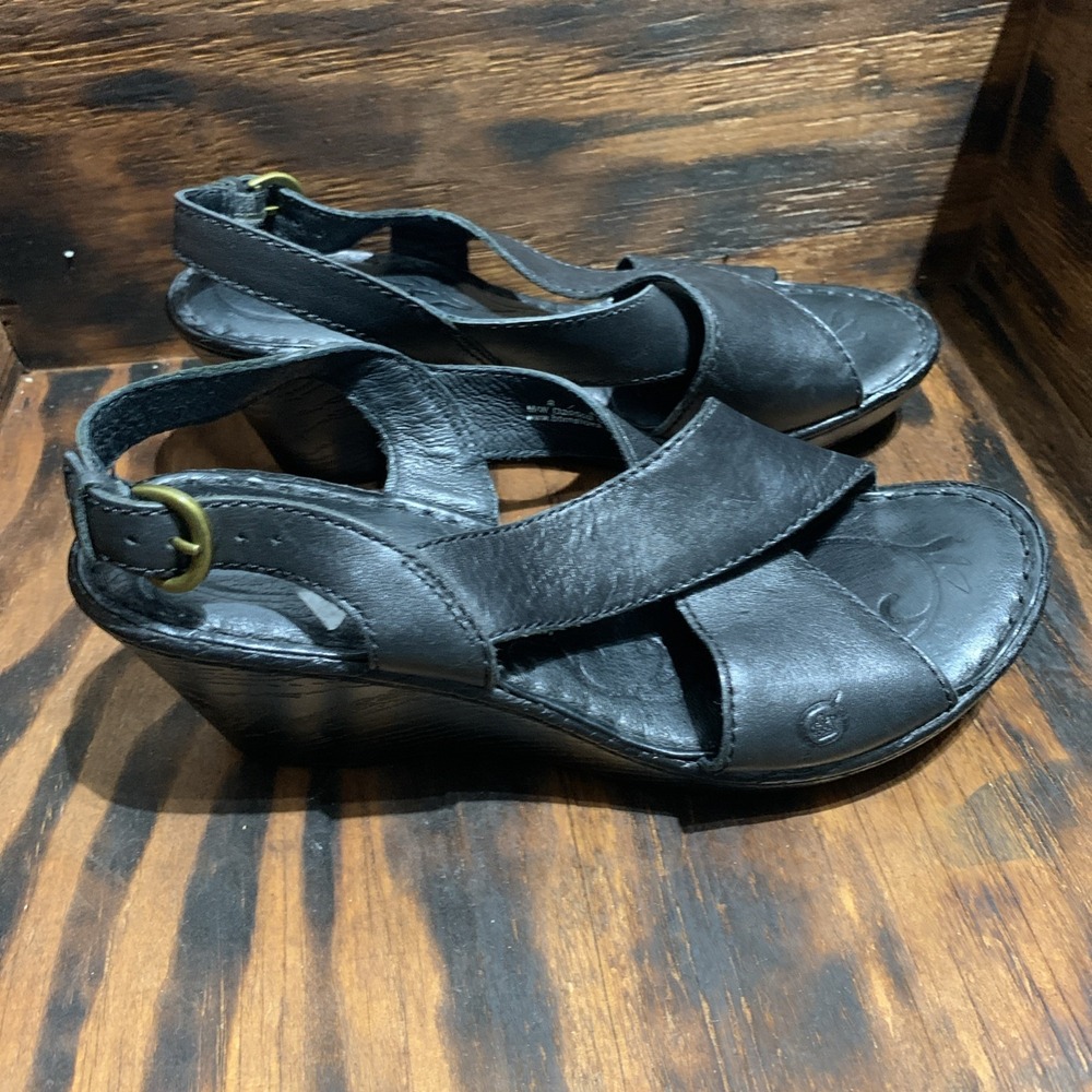 Born Emmy II Wedge Women's Black Leather Cross Strap Buckled Slingback Casual 8M - Picture 2 of 8